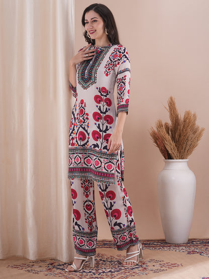 Ethnic Floral Printed & Embroidered Straight Fit Co-ord Set - White