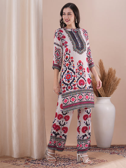 Ethnic Floral Printed & Embroidered Straight Fit Co-ord Set - White