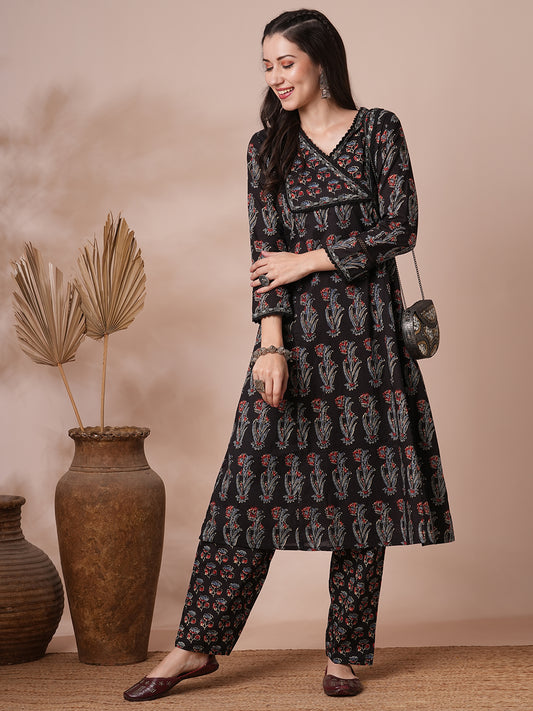 Ethnic Printed Embroidered A-Line Kurta with Pant - Black