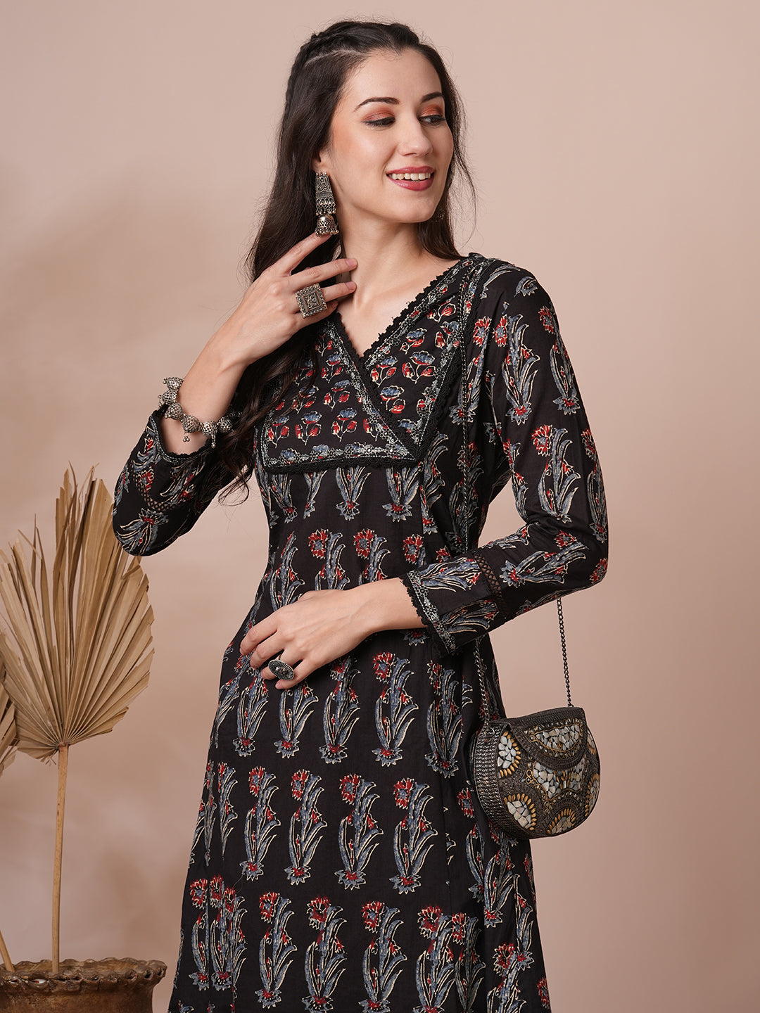 Ethnic Printed Embroidered A-Line Kurta with Pant - Black