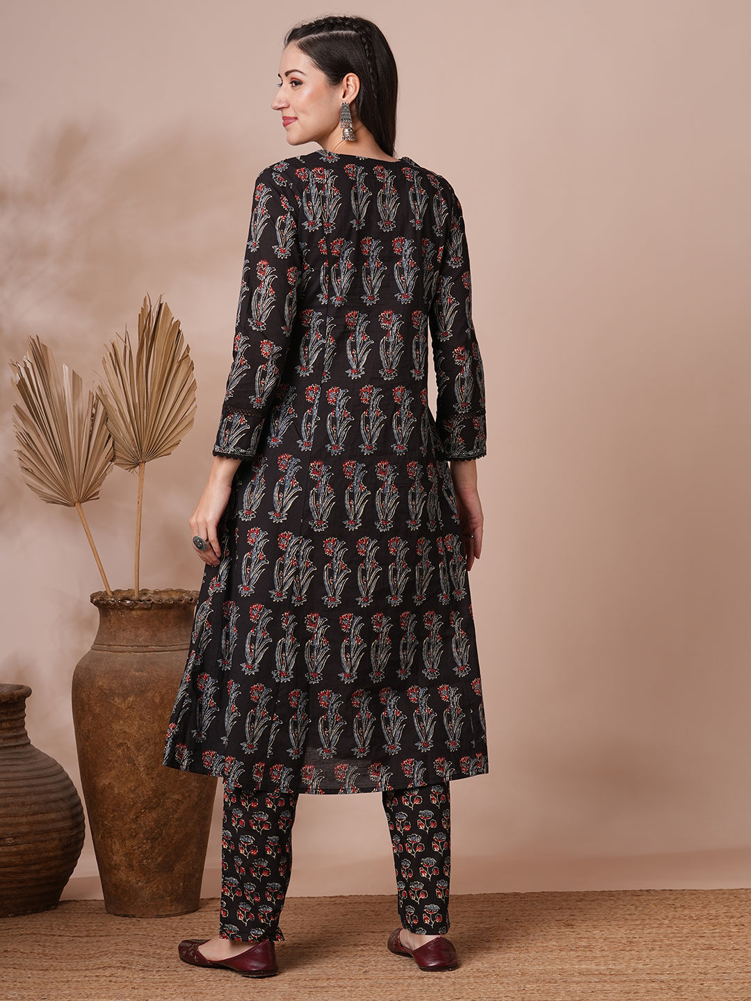 Ethnic Printed Embroidered A-Line Kurta with Pant - Black