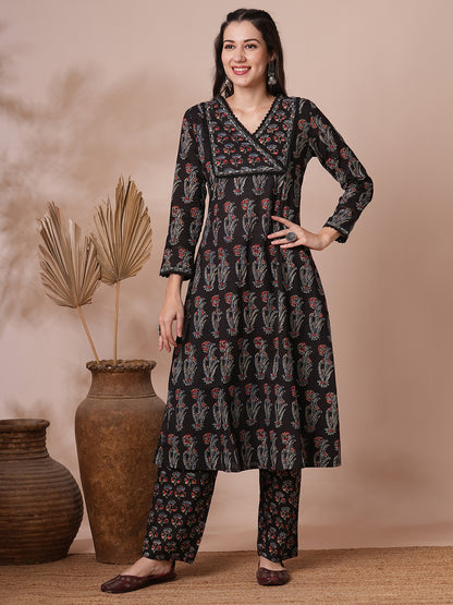 Ethnic Printed Embroidered A-Line Kurta with Pant - Black