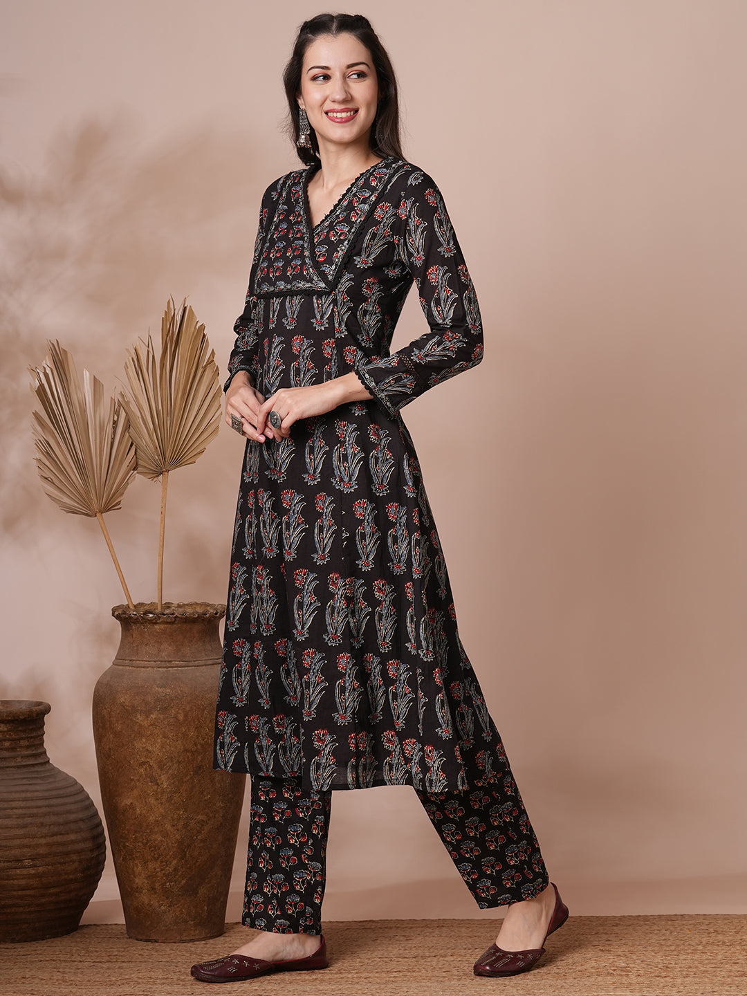 Ethnic Printed Embroidered A-Line Kurta with Pant - Black