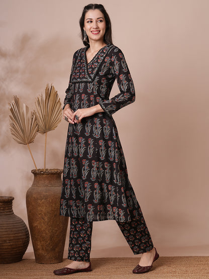 Ethnic Printed Embroidered A-Line Kurta with Pant - Black