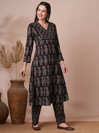 Ethnic Printed Embroidered A-Line Kurta with Pant - Black