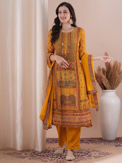 Ethnic Printed & Mirror Embroidered Straight Kurta with Pant & Dupatta - Mustard