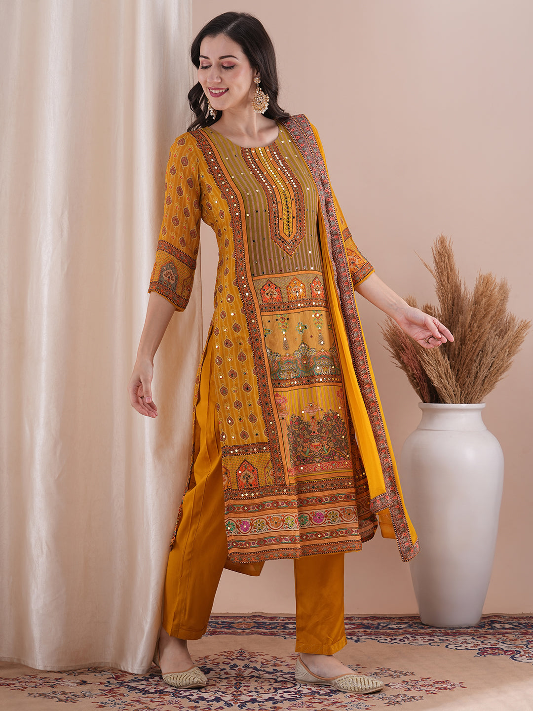 Ethnic Printed & Mirror Embroidered Straight Kurta with Pant & Dupatta - Mustard