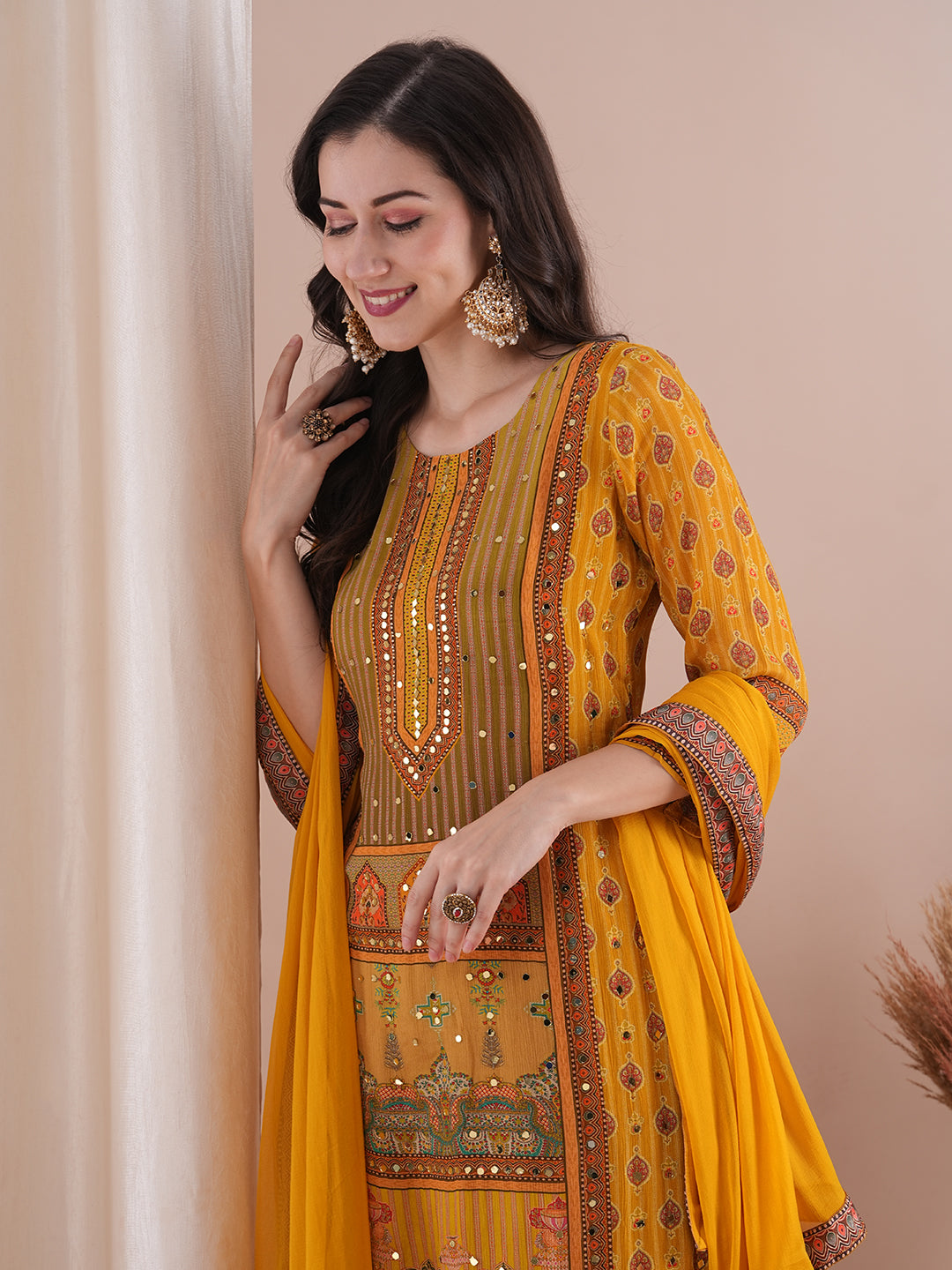 Ethnic Printed & Mirror Embroidered Straight Kurta with Pant & Dupatta - Mustard