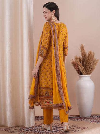 Ethnic Printed & Mirror Embroidered Straight Kurta with Pant & Dupatta - Mustard