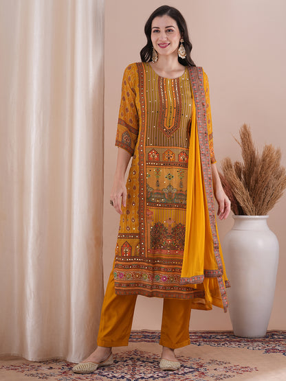 Ethnic Printed & Mirror Embroidered Straight Kurta with Pant & Dupatta - Mustard