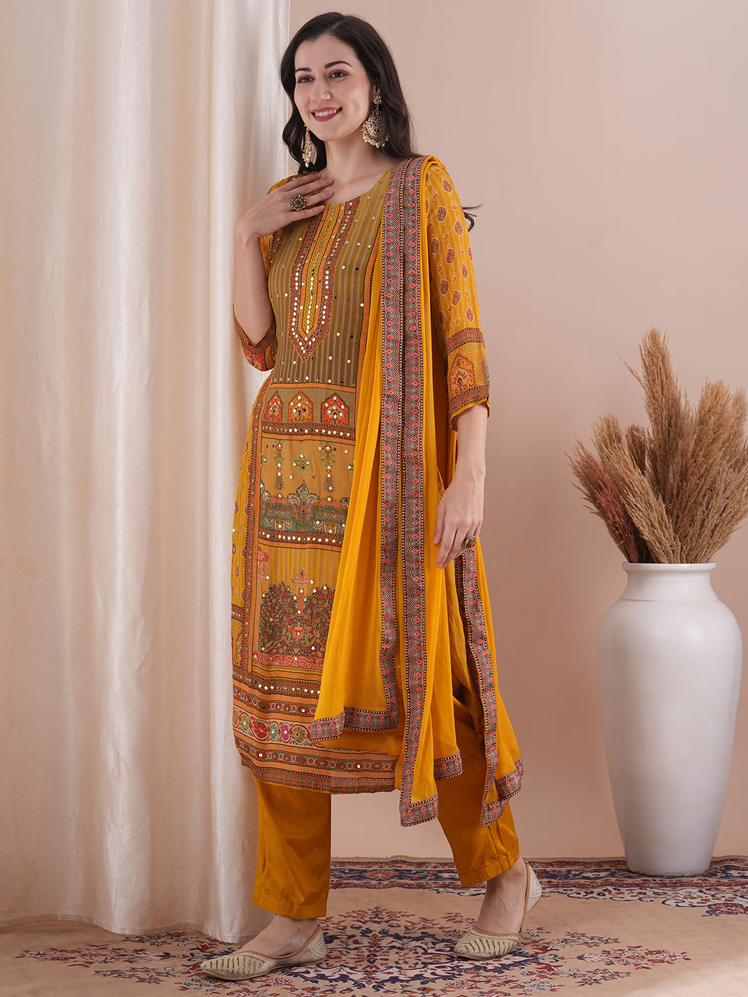 Ethnic Printed & Mirror Embroidered Straight Kurta with Pant & Dupatta - Mustard