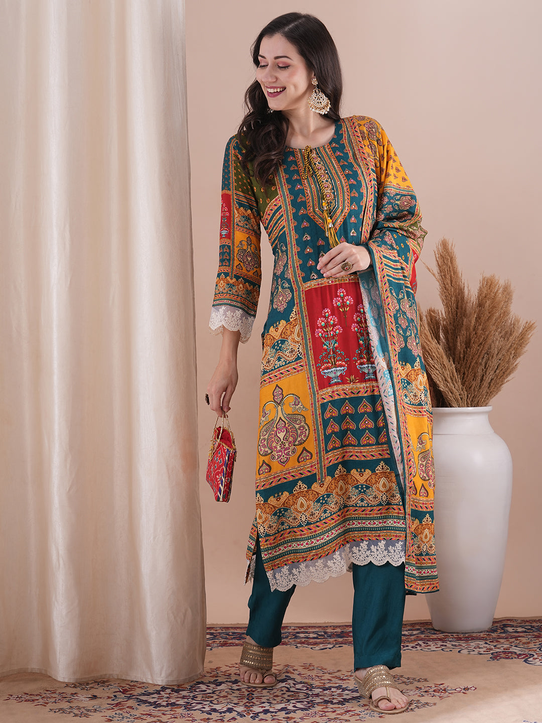 Ethnic Printed & Embroidered Straight Fit Kurta with Pant and Dupatta - Sea Green