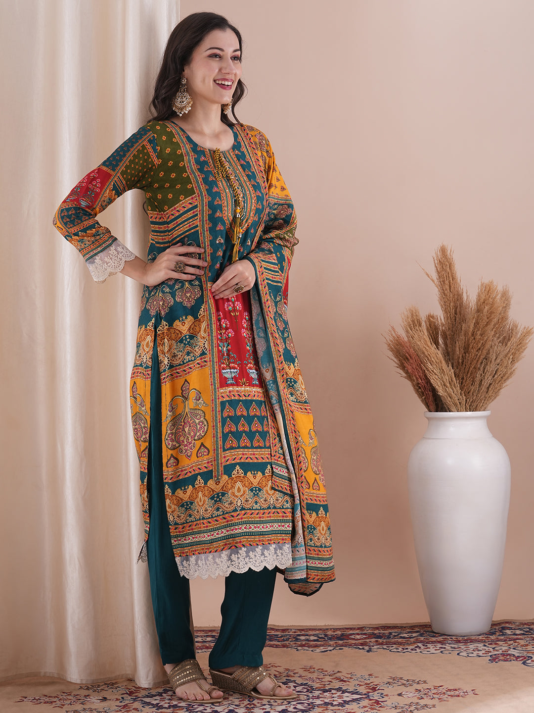 Ethnic Printed & Embroidered Straight Fit Kurta with Pant and Dupatta - Sea Green