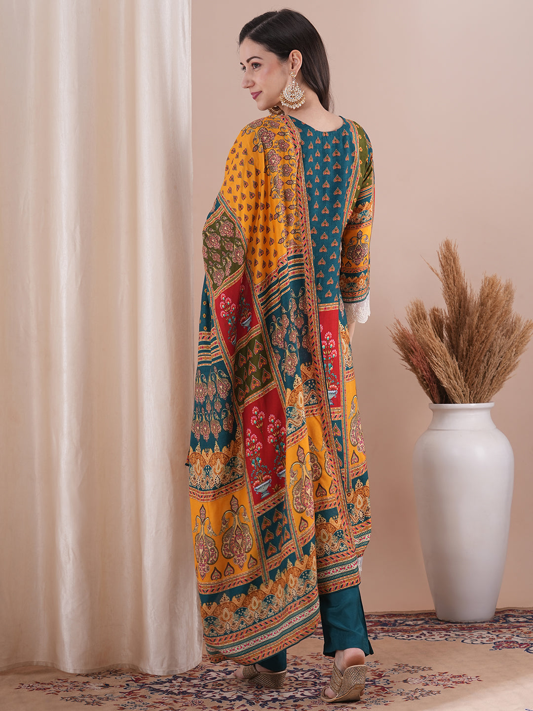 Ethnic Printed & Embroidered Straight Fit Kurta with Pant and Dupatta - Sea Green