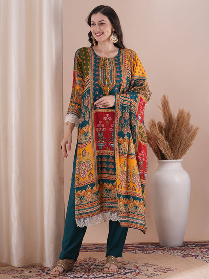 Ethnic Printed & Embroidered Straight Fit Kurta with Pant and Dupatta - Sea Green