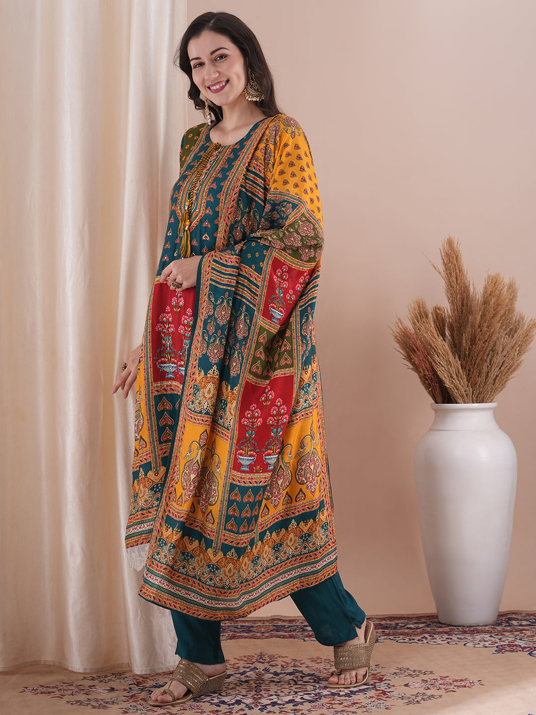 Ethnic Printed & Embroidered Straight Fit Kurta with Pant and Dupatta - Sea Green