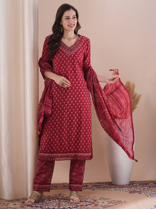 Ethnic Floral Printed Embroidered Straight Fit Kurta with Pant and Dupatta - Maroon