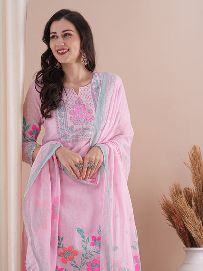 Ethnic Floral Printed Straight Fit Kurta with Pant and Dupatta - Pink