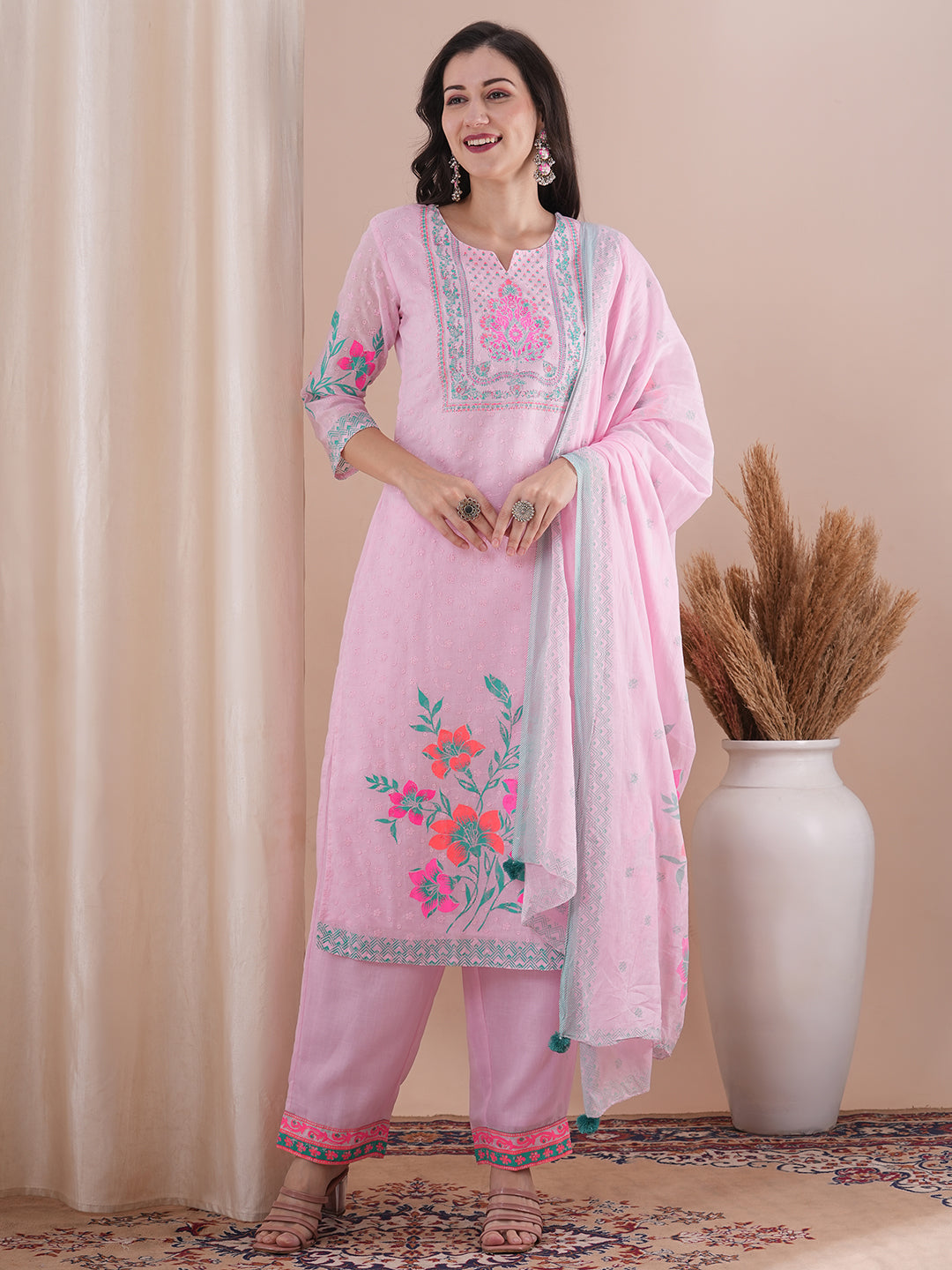 Ethnic Floral Printed Straight Fit Kurta with Pant and Dupatta - Pink