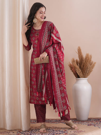 Floral Foil Printed Straight Fit Kurta with Pant & Dupatta - Maroon