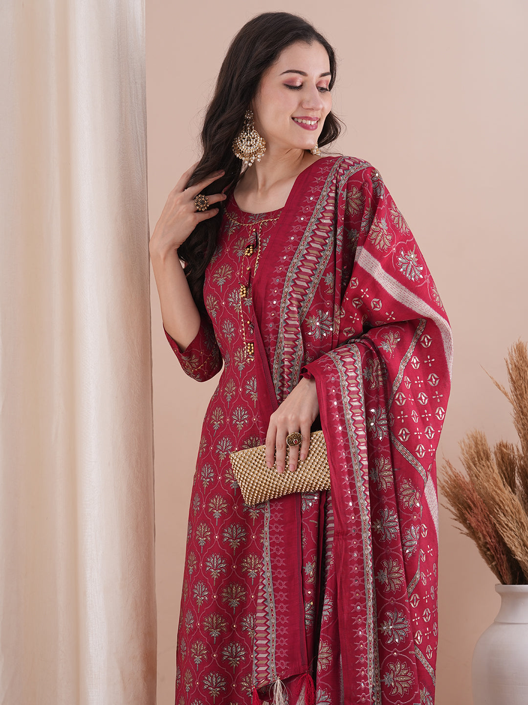 Floral Foil Printed Straight Fit Kurta with Pant & Dupatta - Maroon