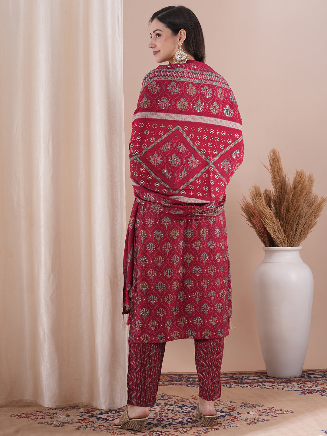 Floral Foil Printed Straight Fit Kurta with Pant & Dupatta - Maroon