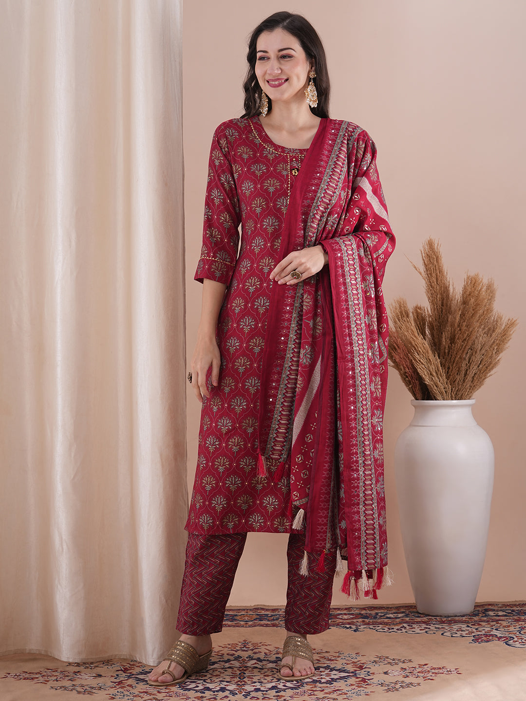 Floral Foil Printed Straight Fit Kurta with Pant & Dupatta - Maroon