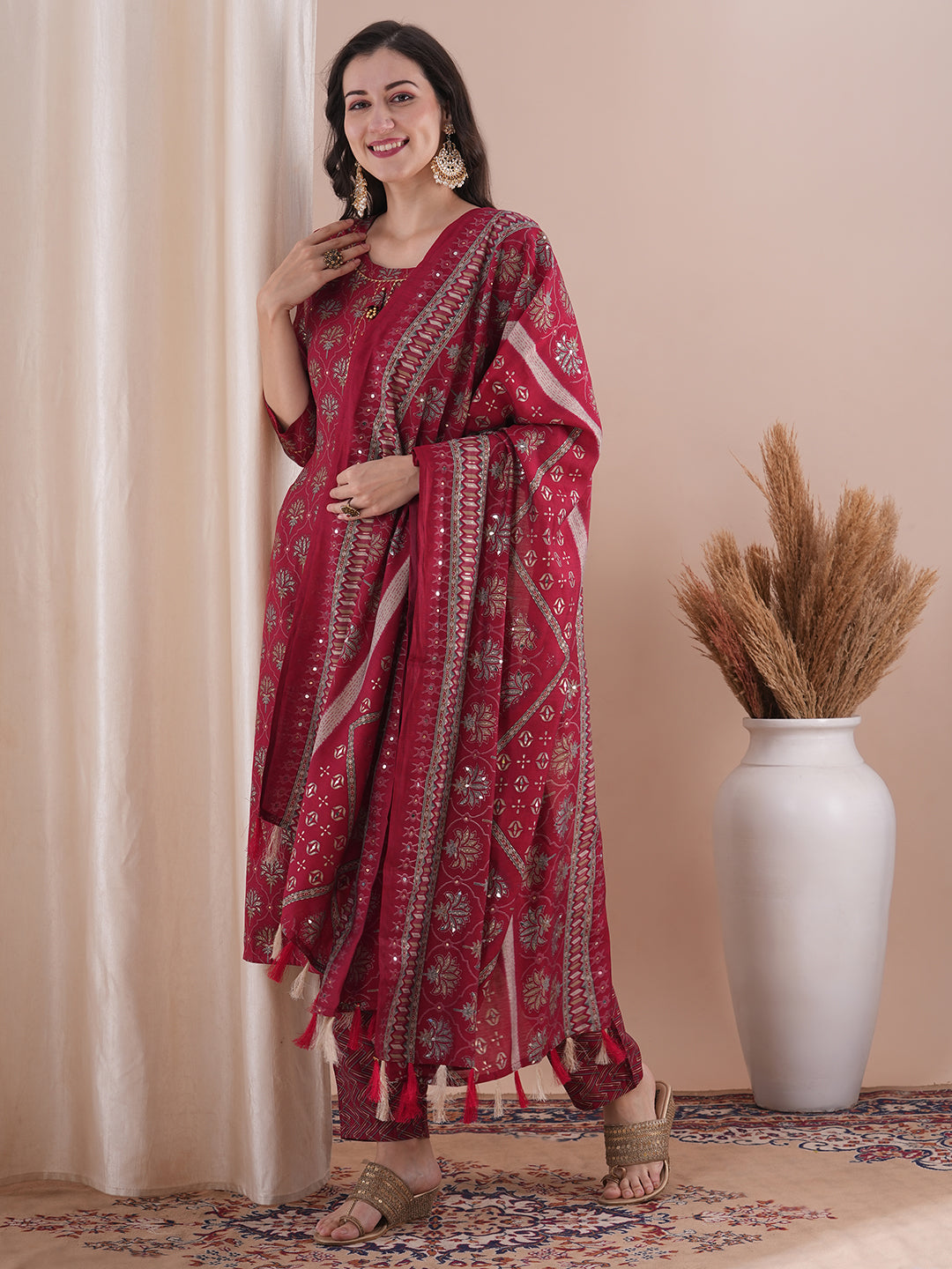 Floral Foil Printed Straight Fit Kurta with Pant & Dupatta - Maroon