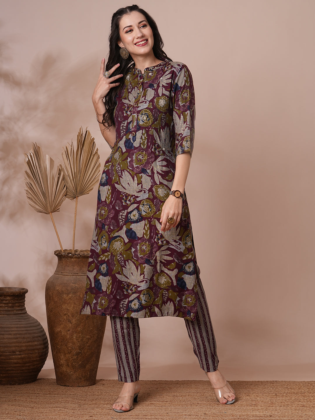 Abstract Floral Foil Printed & Embroidered Straight Fit Kurta with Pant - Burgundy