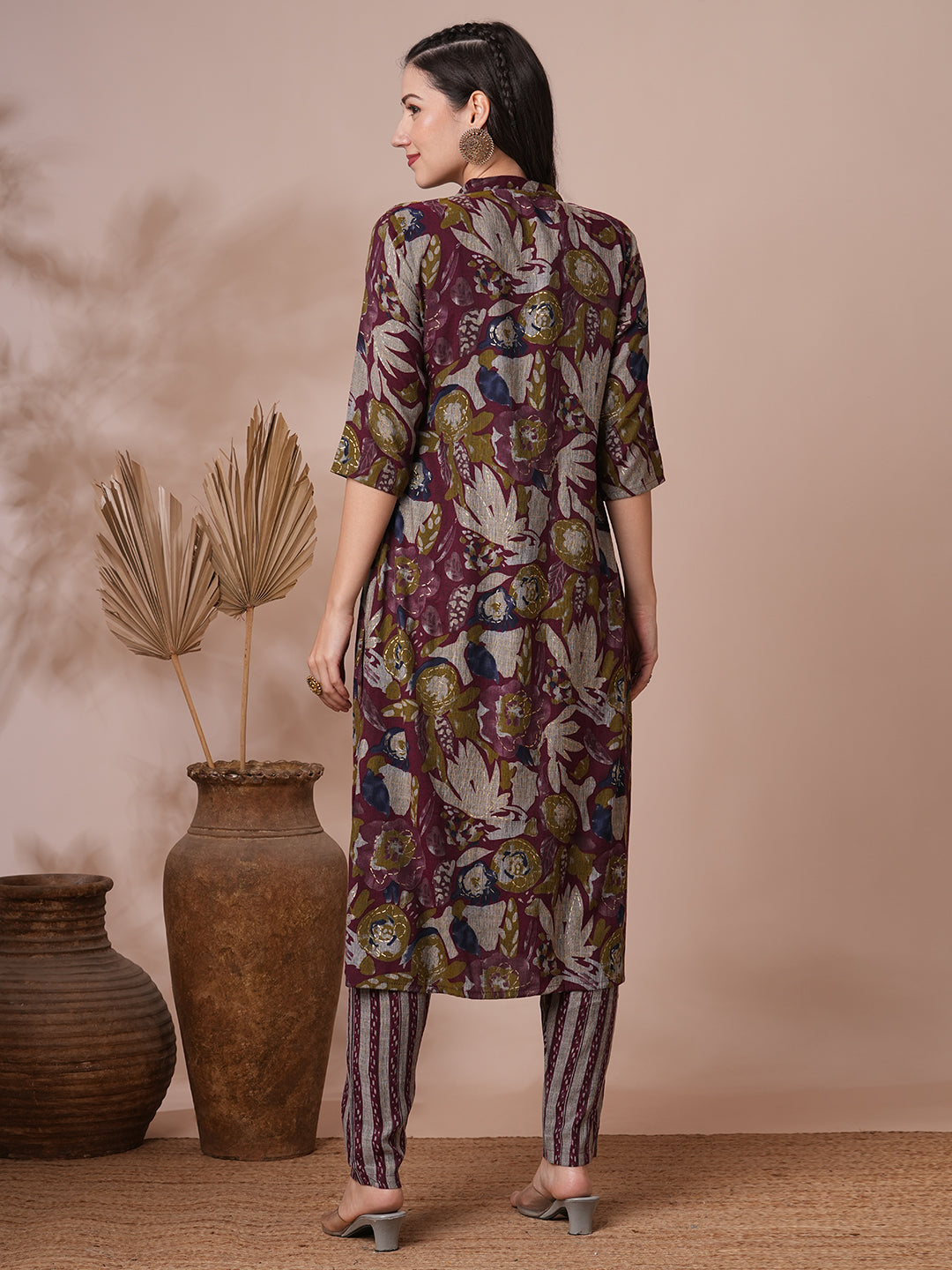 Abstract Floral Foil Printed & Embroidered Straight Fit Kurta with Pant - Burgundy