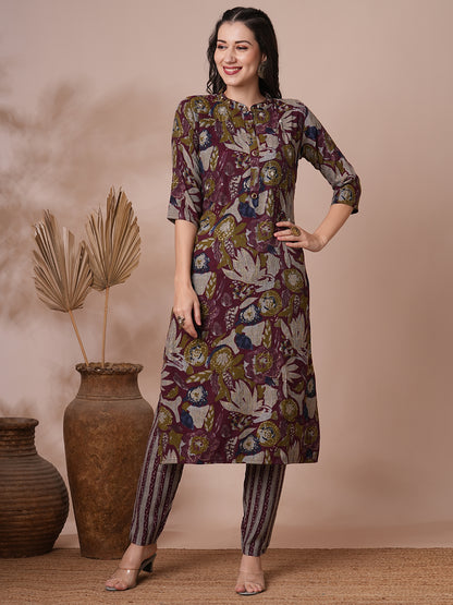 Abstract Floral Foil Printed & Embroidered Straight Fit Kurta with Pant - Burgundy