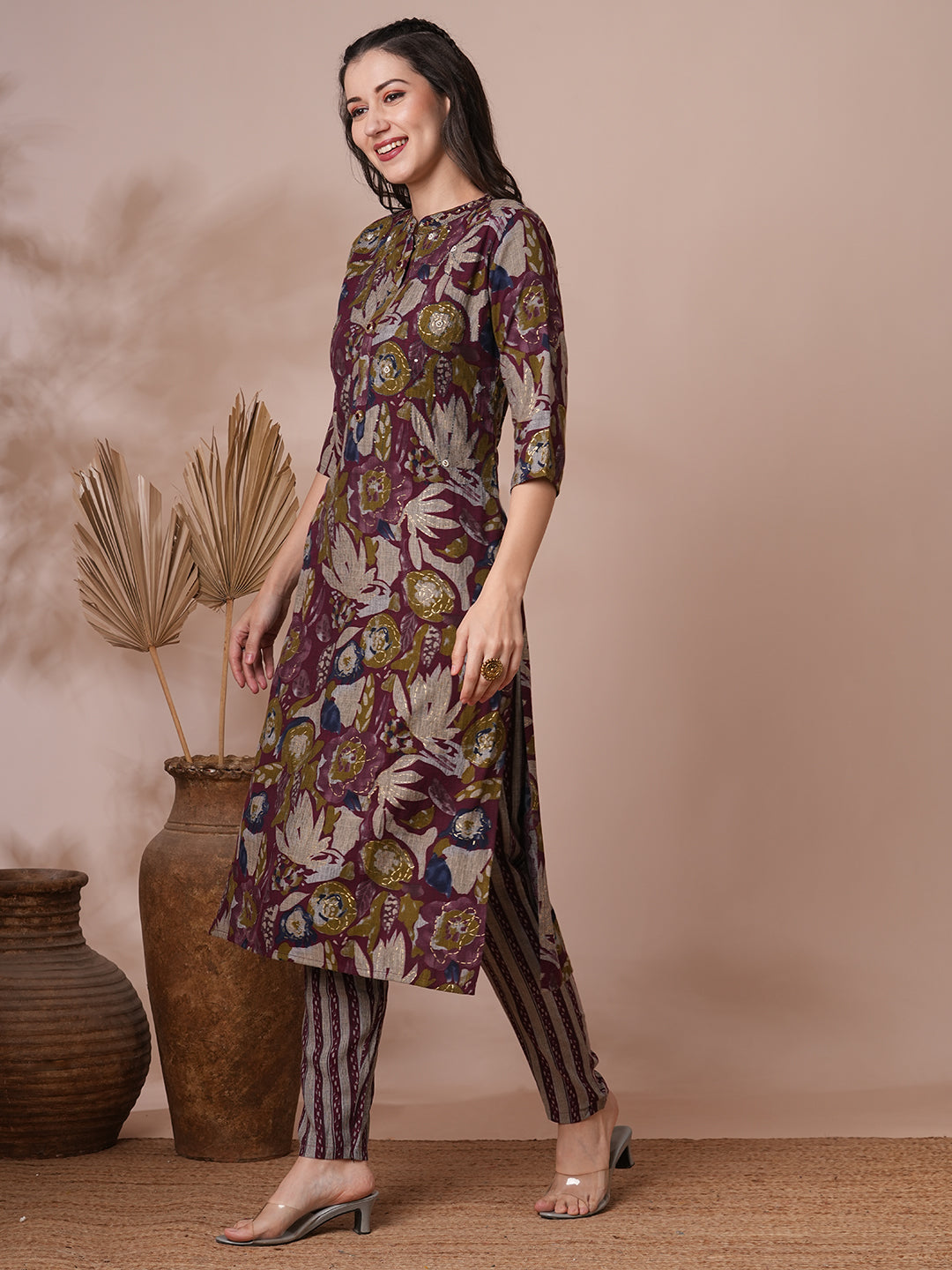 Abstract Floral Foil Printed & Embroidered Straight Fit Kurta with Pant - Burgundy