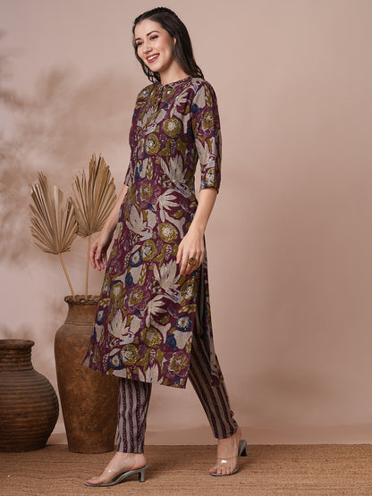 Abstract Floral Foil Printed & Embroidered Straight Fit Kurta with Pant - Burgundy