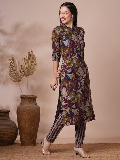 Abstract Floral Foil Printed & Embroidered Straight Fit Kurta with Pant - Burgundy