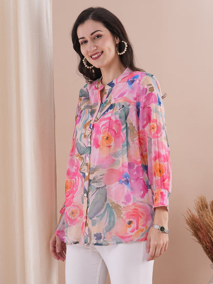 Abstract Floral Printed A-Line Pleated Short Kurti - Pink