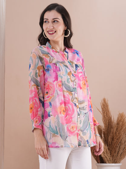 Abstract Floral Printed A-Line Pleated Short Kurti - Pink