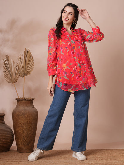 Abstract Floral Printed A-Line Pleated Short Kurti - Red