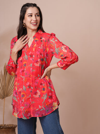 Abstract Floral Printed A-Line Pleated Short Kurti - Red