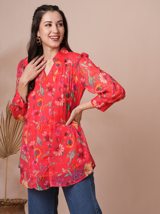 Abstract Floral Printed A-Line Pleated Short Kurti - Red