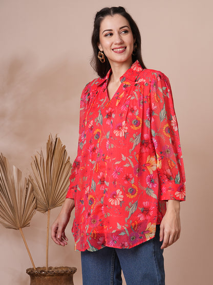 Abstract Floral Printed A-Line Pleated Short Kurti - Red