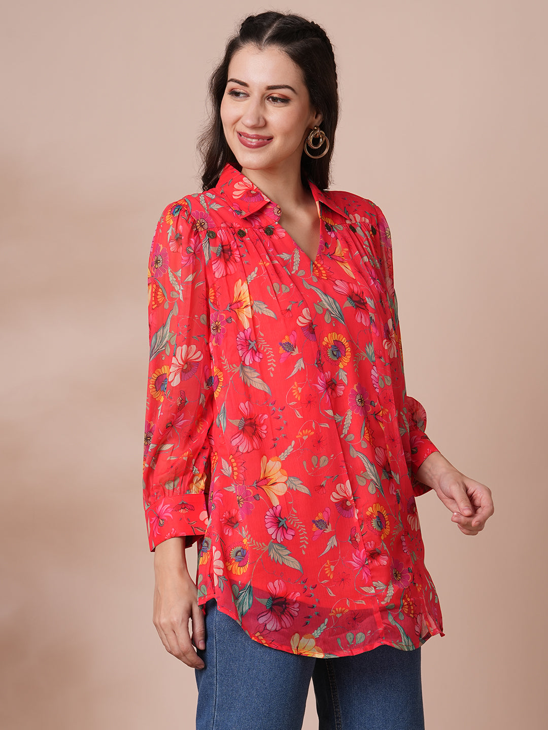 Abstract Floral Printed A-Line Pleated Short Kurti - Red