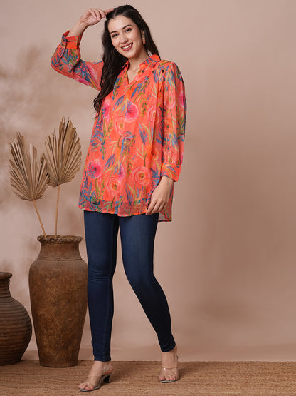 Abstract Floral Printed A-Line Pleated Short Kurti - Orange