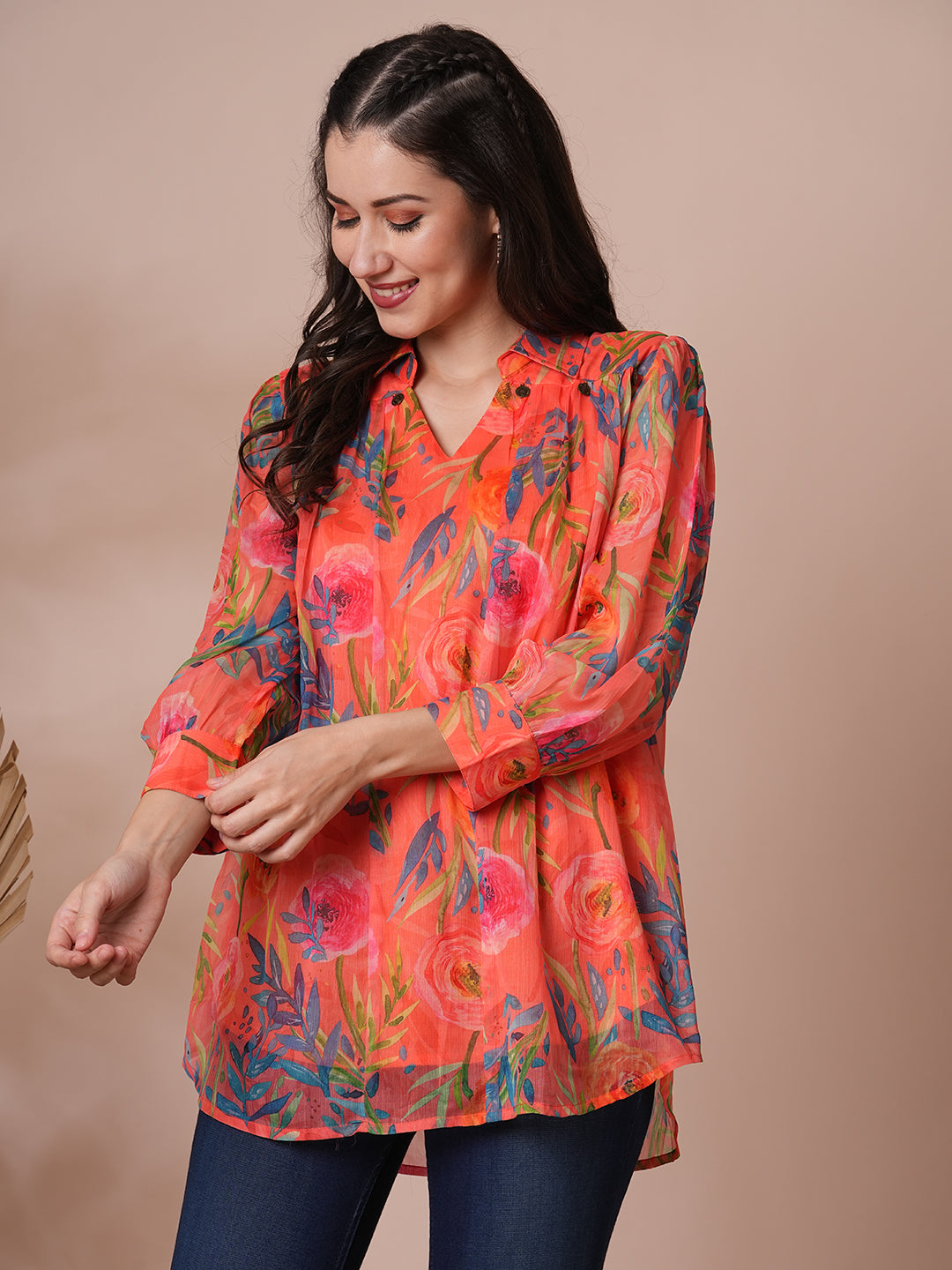 Abstract Floral Printed A-Line Pleated Short Kurti - Orange