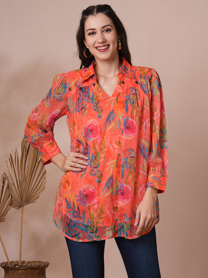 Abstract Floral Printed A-Line Pleated Short Kurti - Orange