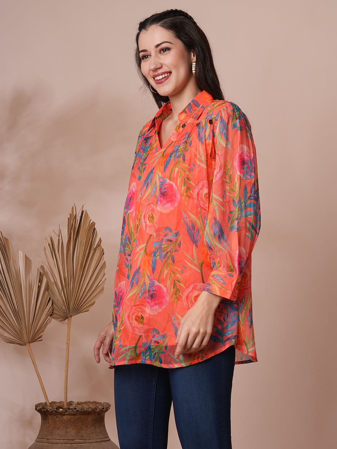 Abstract Floral Printed A-Line Pleated Short Kurti - Orange