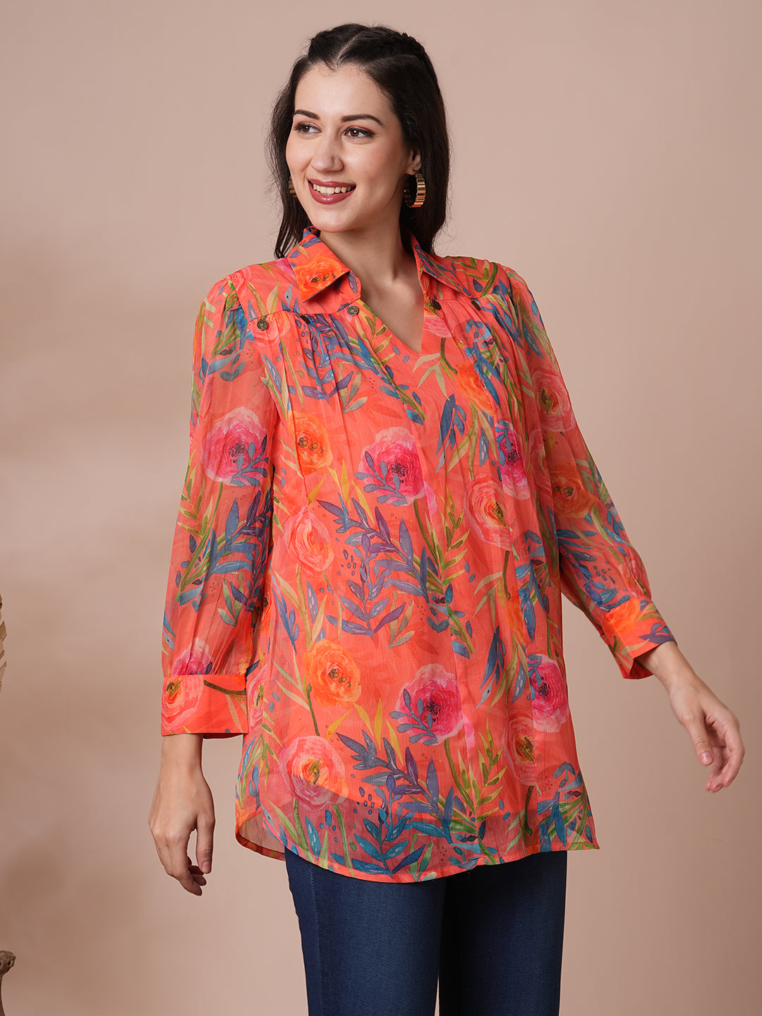 Abstract Floral Printed A-Line Pleated Short Kurti - Orange