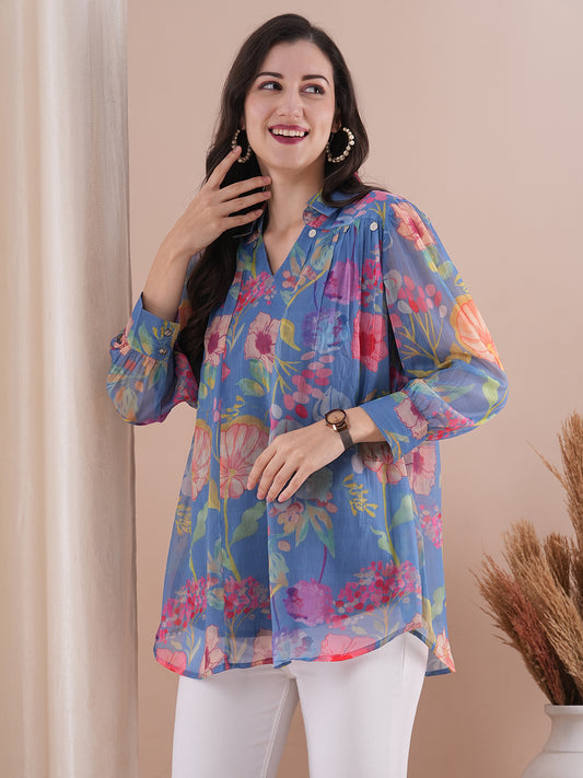 Abstract Floral Printed A-Line Pleated Short Kurti - Blue