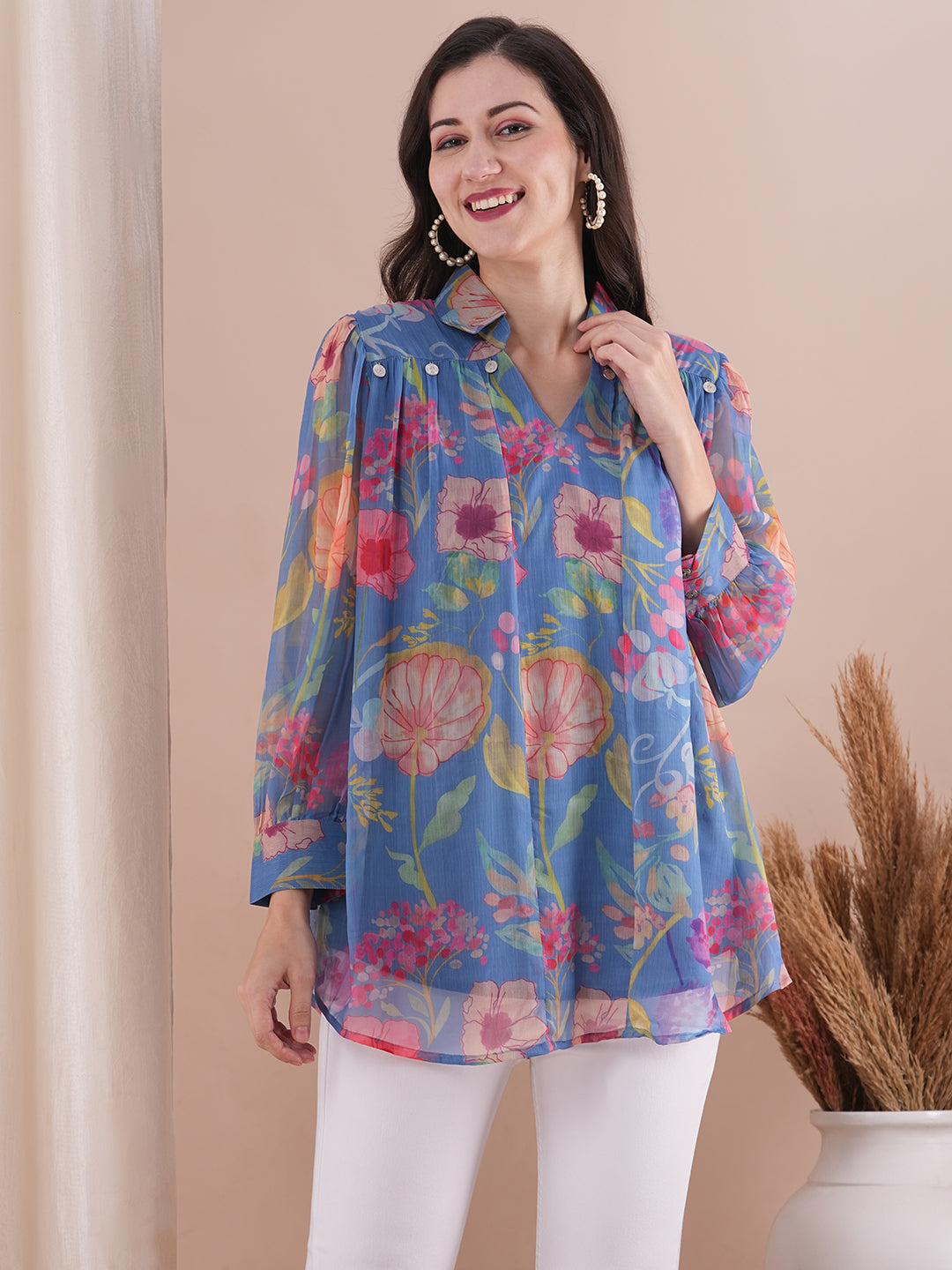 Abstract Floral Printed A-Line Pleated Short Kurti - Blue