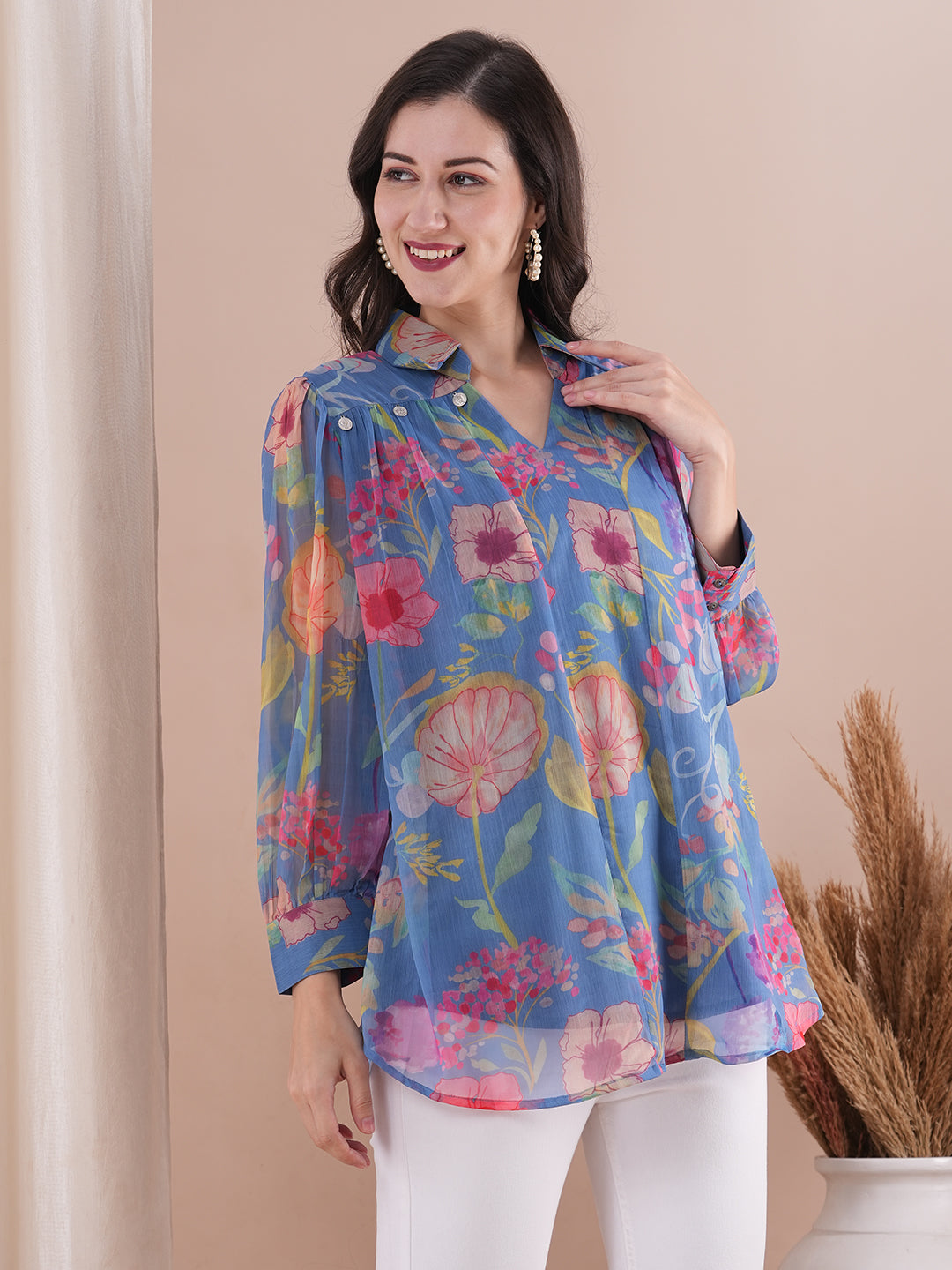 Abstract Floral Printed A-Line Pleated Short Kurti - Blue