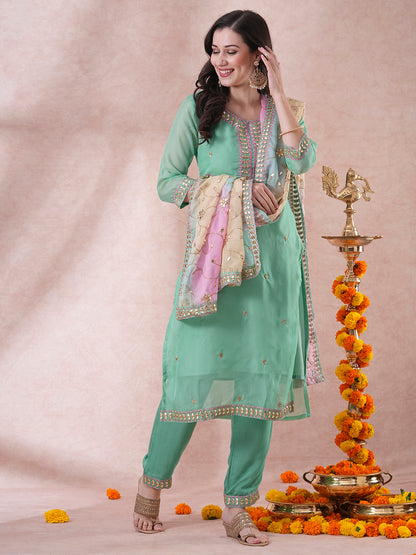 Solid Gota Patti Embroidered Straight Fit Kurta with Pant and Printed Dupatta - Mint Green